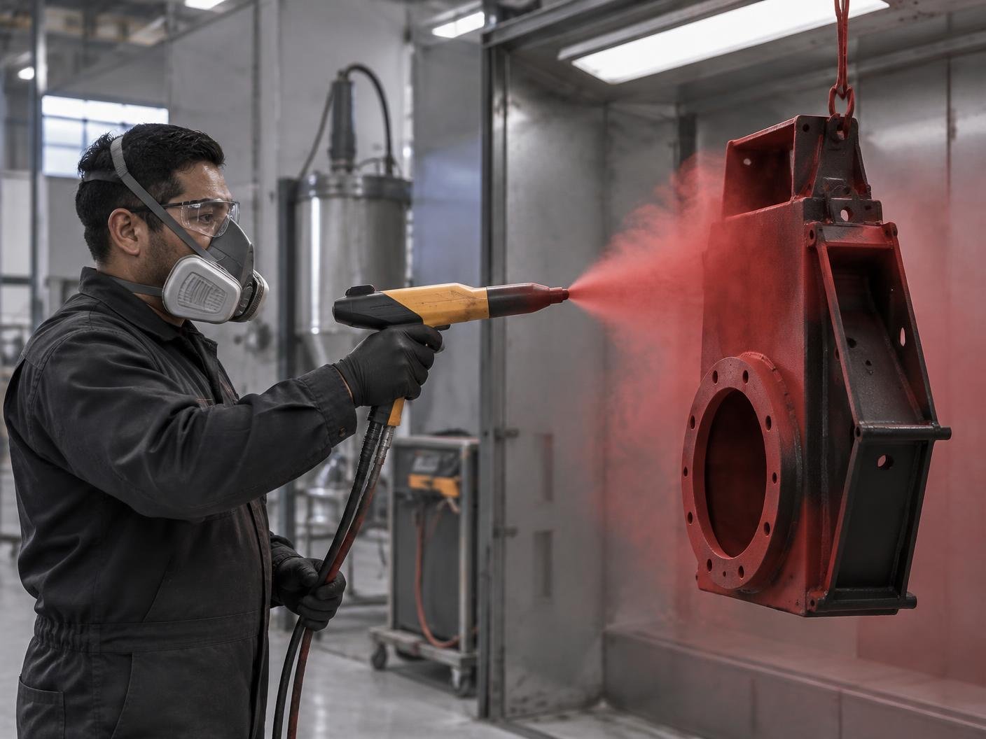 Técnico aplicando pintura en polvo roja con una pistola electrostática