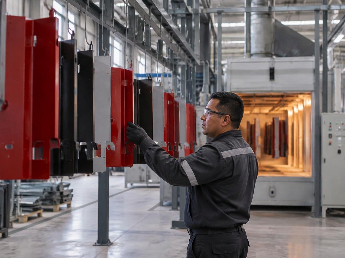 Especialista inspeccionando acabados de pintura en polvo en una línea industrial